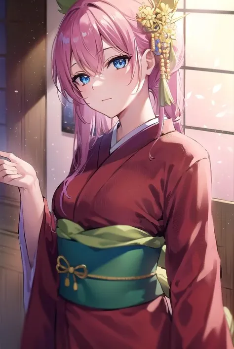 kayosudou, <lora:kayosudou-lora-nochekaiser:1>,
kayo sudou, blue eyes, pink hair, long hair,
BREAK flower, flowes, green sash, hair ornament, japanese clothes, kimono, obi, red kimono, sash,
BREAK cowboy shot, looking at viewer,
BREAK indoors,
BREAK <lyco:GoodHands-beta2:1>, (masterpiece:1.2), best quality, high resolution, unity 8k wallpaper, (illustration:0.8), (beautiful detailed eyes:1.6), extremely detailed face, perfect lighting, extremely detailed CG, (perfect hands, perfect anatomy),