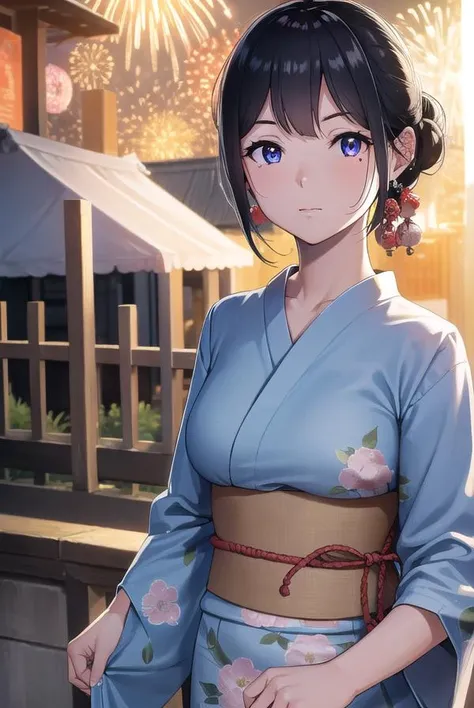 natsutojun, <lora:natsutojun-lora-nochekaiser:1>,
natsu to jun, short hair, bangs, hair ornament, mole, mole under eye, swept bangs, black hair, (purple eyes:1.1),
BREAK long sleeves, japanese clothes, kimono, sash, obi, floral print,
BREAK outdoors, night, festival, fireworks, shrine,
BREAK looking at viewer, (cowboy shot:1.5),
BREAK <lyco:GoodHands-beta2:1>, (masterpiece:1.2), best quality, high resolution, unity 8k wallpaper, (illustration:0.8), (beautiful detailed eyes:1.6), extremely detailed face, perfect lighting, extremely detailed CG, (perfect hands, perfect anatomy),