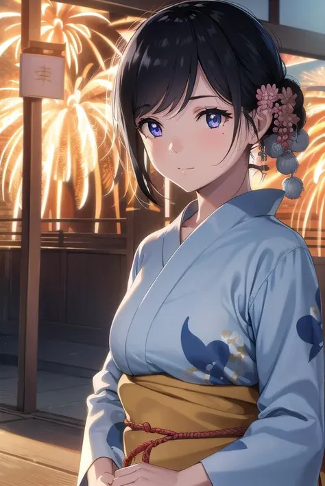 natsutojun, <lora:natsutojun-lora-nochekaiser:1>,
natsu to jun, short hair, bangs, hair ornament, mole, mole under eye, swept bangs, black hair, (purple eyes:1.1),
BREAK long sleeves, japanese clothes, kimono, sash, obi, floral print,
BREAK outdoors, night, festival, fireworks, shrine,
BREAK looking at viewer, (cowboy shot:1.5),
BREAK <lyco:GoodHands-beta2:1>, (masterpiece:1.2), best quality, high resolution, unity 8k wallpaper, (illustration:0.8), (beautiful detailed eyes:1.6), extremely detailed face, perfect lighting, extremely detailed CG, (perfect hands, perfect anatomy),