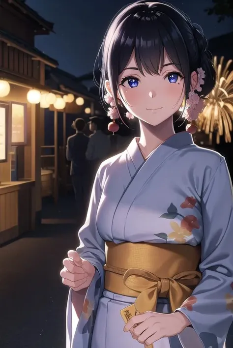 natsutojun, <lora:natsutojun-lora-nochekaiser:1>,
natsu to jun, short hair, bangs, hair ornament, mole, mole under eye, swept bangs, black hair, (purple eyes:1.1), smile,
BREAK long sleeves, japanese clothes, kimono, sash, obi, floral print,
BREAK outdoors, night, festival, fireworks, shrine,
BREAK looking at viewer, (cowboy shot:1.5),
BREAK <lyco:GoodHands-beta2:1>, (masterpiece:1.2), best quality, high resolution, unity 8k wallpaper, (illustration:0.8), (beautiful detailed eyes:1.6), extremely detailed face, perfect lighting, extremely detailed CG, (perfect hands, perfect anatomy),