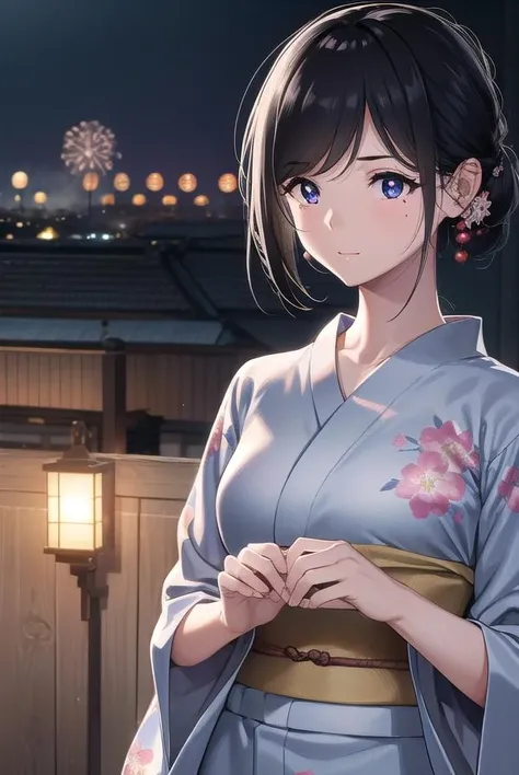 natsutojun, <lora:natsutojun-lora-nochekaiser:1>,
natsu to jun, short hair, bangs, hair ornament, mole, mole under eye, swept bangs, black hair, (purple eyes:1.1),
BREAK long sleeves, japanese clothes, kimono, sash, obi, floral print,
BREAK outdoors, night, festival, fireworks, shrine,
BREAK looking at viewer, (cowboy shot:1.5),
BREAK <lyco:GoodHands-beta2:1>, (masterpiece:1.2), best quality, high resolution, unity 8k wallpaper, (illustration:0.8), (beautiful detailed eyes:1.6), extremely detailed face, perfect lighting, extremely detailed CG, (perfect hands, perfect anatomy),