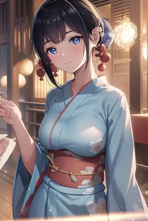 natsutojun, <lora:natsutojun-lora-nochekaiser:1>,
natsu to jun, short hair, bangs, hair ornament, mole, mole under eye, swept bangs, black hair, (purple eyes:1.1), smile,
BREAK long sleeves, japanese clothes, kimono, sash, obi, floral print,
BREAK outdoors, night, festival, fireworks, shrine,
BREAK looking at viewer, (cowboy shot:1.5),
BREAK <lyco:GoodHands-beta2:1>, (masterpiece:1.2), best quality, high resolution, unity 8k wallpaper, (illustration:0.8), (beautiful detailed eyes:1.6), extremely detailed face, perfect lighting, extremely detailed CG, (perfect hands, perfect anatomy),