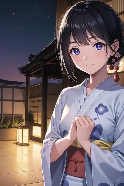 natsutojun, <lora:natsutojun-lora-nochekaiser:1>,
natsu to jun, short hair, bangs, hair ornament, mole, mole under eye, swept bangs, black hair, (purple eyes:1.1), smile,
BREAK long sleeves, japanese clothes, kimono, sash, obi, floral print,
BREAK outdoors, night, festival, fireworks, shrine,
BREAK looking at viewer, (cowboy shot:1.5),
BREAK <lyco:GoodHands-beta2:1>, (masterpiece:1.2), best quality, high resolution, unity 8k wallpaper, (illustration:0.8), (beautiful detailed eyes:1.6), extremely detailed face, perfect lighting, extremely detailed CG, (perfect hands, perfect anatomy),