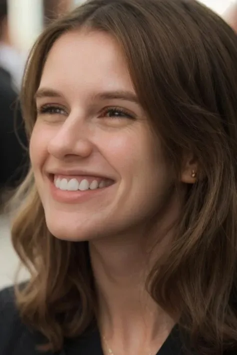 <lora:manuelavelles3:1>, close-up, portrait, grin, smile, facial focus, stunning dress, in centre of Madrid, model pose