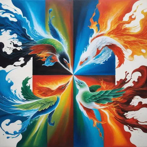 Masterpiece,Best Quality,Four Spirits Fighting Each Other,Each with Its Own Theme (Red/Fire, Blue/Water, White/Air, and Green/Earth),(The Image is Divided into Four Quarters:1.1) Each Quarter is dedicated to its own thematic spirit,detailed conceptual stylized fluorescent art,intricacy,complex contrasts,HDR,Overall Detail,Mineral Color Painting,Ink Image,