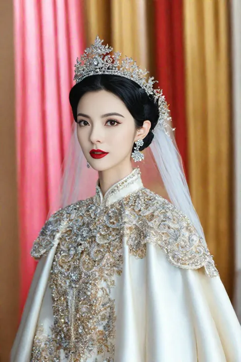 Award-winning lens,RAW photos,real photos:1.2,original photos,intricate details,sharp face focus,(1girl, solo, dress, curtains, black hair, jewelry, full body, chinese clothes, hair ornament, cape, red lips, makeup, standing, lipstick, looking at viewer, crown, red dress, indoors, 1girl, solo, dress, veil, wedding dress, bridal veil, black hair, white dress, looking at viewer, bride, red lips, lipstick, makeup, earrings, jewelry, realistic, brown eyes, short hair, bare shoulders, black eyes)perfect hand shape:1.5,real skin texture,high detail,ultra high resolution,32K UHD,best quality,masterpieces.,