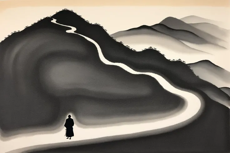 (Ink Image) Abstract ink painting depicting a monk walking on a winding mountain road,bowing his head alone. The picture adopts the style of traditional ink painting,the lines are smooth and simple,and the black and white tones create a quiet and deep atmosphere. The mountain road twists and turns,the figure of the monk appears lonely and firm,and the overall picture is full of Zen and poetic. (abstract ink painting) (monk) (mountain road) (lonely) (bow) (traditional style) (black and white) (Zen),