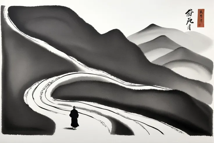 (Ink Image) Abstract ink painting depicting a monk walking on a winding mountain road,bowing his head alone. The picture adopts the style of traditional ink painting,the lines are smooth and simple,and the black and white tones create a quiet and deep atmosphere. The mountain road twists and turns,the figure of the monk appears lonely and firm,and the overall picture is full of Zen and poetic. (abstract ink painting) (monk) (mountain road) (lonely) (bow) (traditional style) (black and white) (Zen),