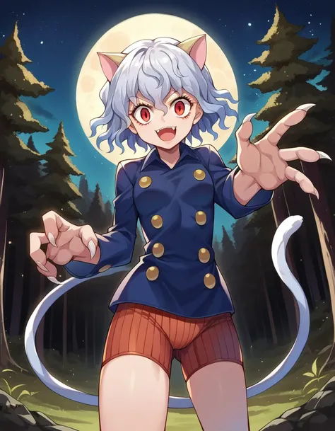 score_9, score_8_up, score_7_up, source_anime,
neferpitou, <lora:neferpitou-ponyxl-lora-nochekaiser:1>,
neferpitou, short hair, red eyes, animal ears, tail, white hair, cat ears, cat tail, curly hair, smile,
long sleeves, shorts,
outdoors, night, forest, night, moon, starry sky, fighting stance, shouting, open mouth,
looking at viewer, dutch angle, cowboy shot,