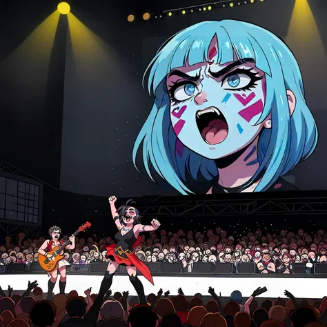 epic rock music band playing to a live audience on a big stage, face paint, heavy metal, multiple_girls, multiple_boys, shouting, screaming, angry