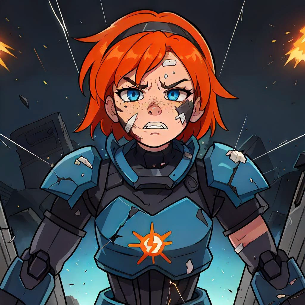 high resolution, masterpiece, extremely detailed, highly detailed, (((orange_hair, freckles, blue_eyes))), short_hair, messy_hair, tomboy, cyborg girl, ((robot_girl)), exposed wires, detailed, flat_chest, extra_arms, ((angry)), glowing_eyes, ((((looking_down)))), serious, menacing_\(jojo\) ((electric blue eyes)), (((shaded_face))), dark, shadow, light from behind, desaturated, gritty, dystopia, cyberpunk, pale_skin, shadowed, shade, shaded, (girl god of war), (((threat of violence))), ((((facing_viewer)))), in control, ((fighting_stance)), condescending, sparks, mechanical_parts, aggressive, metal, circuit_board, ((((squinting)))), ((((half-closed_eyes)))), (metal headband), sneer, clenched_teeth, ((master_chief , spartan, warrior, blood_on_face, debris, explosion, bullet, ((((((scuffed, scratches, battle_damage, injured)))))), war, battle, army, military, space_marine, battleground, war zone)), (((complex background, detailed background))), detailed eyes, hair_between_eyes