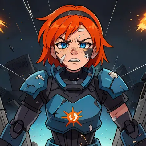 high resolution, masterpiece, extremely detailed, highly detailed, (((orange_hair, freckles, blue_eyes))), short_hair, messy_hair, tomboy, cyborg girl, ((robot_girl)), exposed wires, detailed, flat_chest, extra_arms, ((angry)), glowing_eyes, ((((looking_down)))), serious, menacing_\(jojo\) ((electric blue eyes)), (((shaded_face))), dark, shadow, light from behind, desaturated, gritty, dystopia, cyberpunk, pale_skin, shadowed, shade, shaded, (girl god of war), (((threat of violence))), ((((facing_viewer)))), in control, ((fighting_stance)), condescending, sparks, mechanical_parts, aggressive, metal, circuit_board, ((((squinting)))), ((((half-closed_eyes)))), (metal headband), sneer, clenched_teeth, ((master_chief , spartan, warrior, blood_on_face, debris, explosion, bullet, ((((((scuffed, scratches, battle_damage, injured)))))), war, battle, army, military, space_marine, battleground, war zone)), (((complex background, detailed background))), detailed eyes, hair_between_eyes