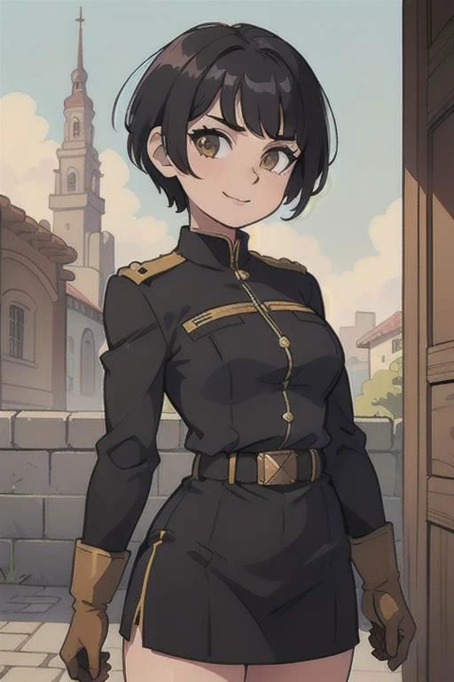 spiky bald hairstyle, short hair, mexican skin, gloves, uniform military, 1girl ,dark black hair, ((hair cut super short,)), soft Brown eyes, smile lips,