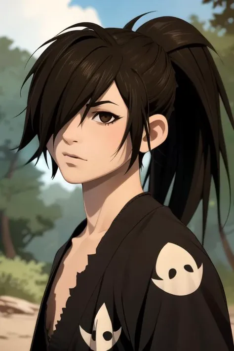 masterpiece, best quality, game cg, 1boy, solo, male focus, looking at viewer, , depth of field, , , <lora:hyakkimaru_dororo:0.88>, hyakkimaru_dororo, black hair, brown eyes, long hair, ponytail, hair over one eye, , new wave science fiction,