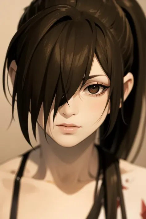 masterpiece, best quality, movie still, 1boy, solo, male focus, looking at viewer, , depth of field, ligne claire, realistic, <lora:hyakkimaru_dororo:0.94>, hyakkimaru_dororo, black hair, brown eyes, long hair, ponytail, hair over one eye, , science fiction western,