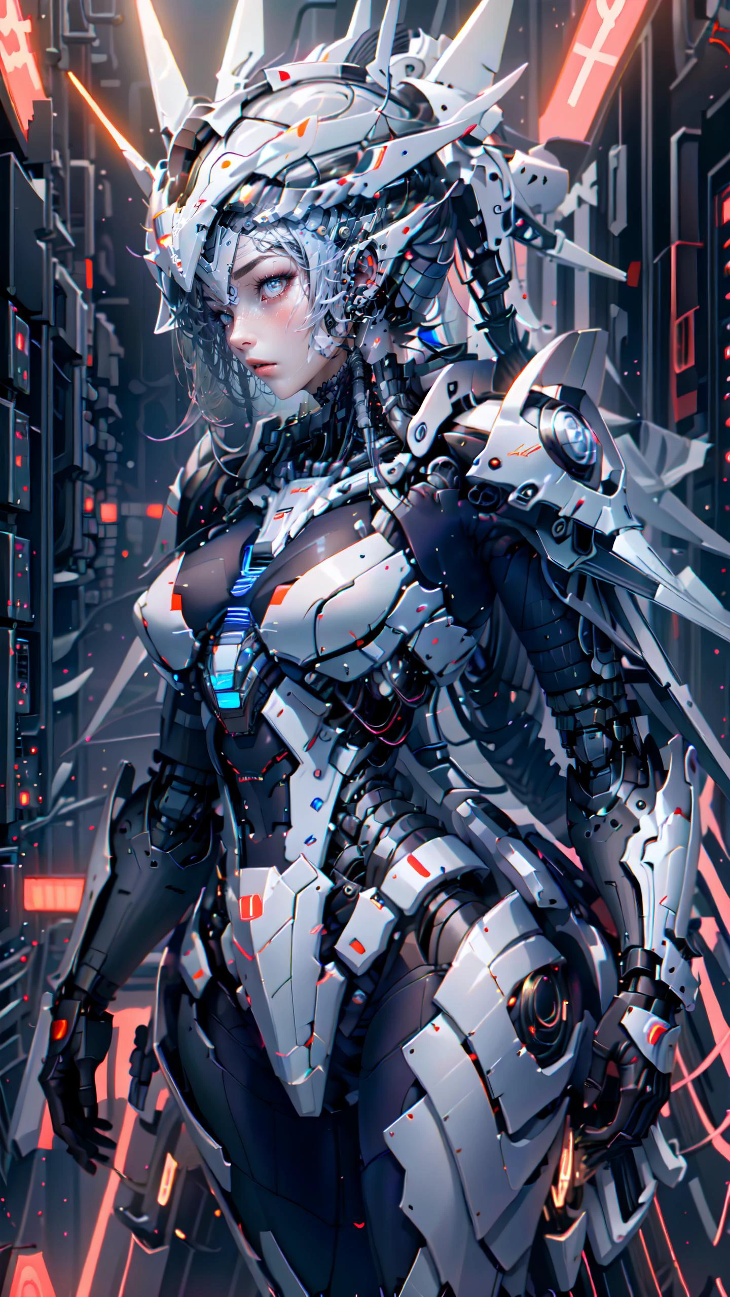Armor, helmet,(full body:1.1) portrait image of a beautiful cyberpunk woman,hacking a computer terminal,(LED lights:1.2) blinking lights,micro-electronics,computer servers, LCD screens, fibre optic cables, corporate logos,hardware,vibrant colours, <lora:NijiExpressV2:0.4> fcPortrait <lora:jijia_v3:0.7>