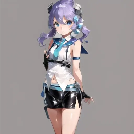 1girl, solo, LangleyKC, (grey background:1.3),
white shirt, sleeveless shirt, blue necktie, sailor collar, black skirt, pencil skirt, ((only right arm with elbow gloves)), fingerless gloves, black gloves, headgear, navel, ribbon,
BREAK, (arm behind back:1.3), shy, full body shot,
<lora:Langley-09:1>
