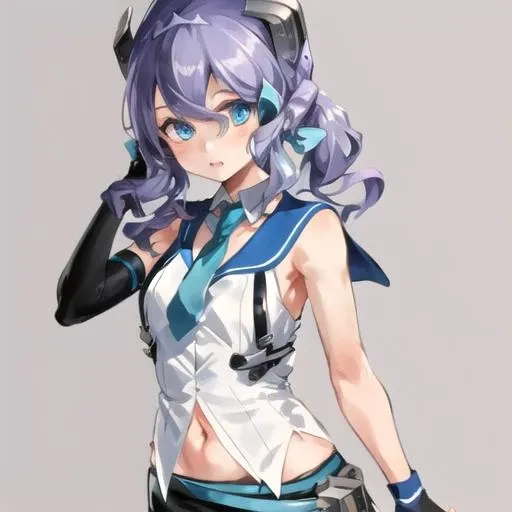 1girl, solo, LangleyKC, (grey background:1.3),
white shirt, sleeveless shirt, blue necktie, sailor collar, black skirt, pencil skirt, (only right arm wearing elbow glove), fingerless gloves, black gloves, headgear, navel, ribbon,
<lora:Langley-09:1>