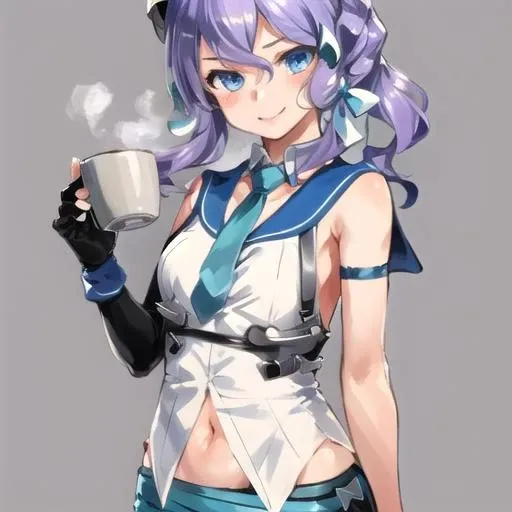 1girl, solo, LangleyKC, (grey background:1.3),
white shirt, sleeveless shirt, blue necktie, sailor collar, black skirt, pencil skirt, (elbow gloves:1.3), fingerless gloves, black gloves, headgear, navel, ribbon,
BREAK, (holding a cup of coffee, head and shoulder, face close-up, looking at viewer, smile),
<lora:Langley-09:1>