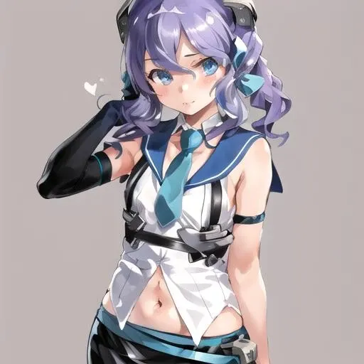 1girl, solo, LangleyKC, (grey background:1.3),
white shirt, sleeveless shirt, blue necktie, sailor collar, black skirt, pencil skirt, (only right arm wearing elbow glove), fingerless gloves, black gloves, headgear, navel, ribbon, 
 <lora:Langley-09:1>
