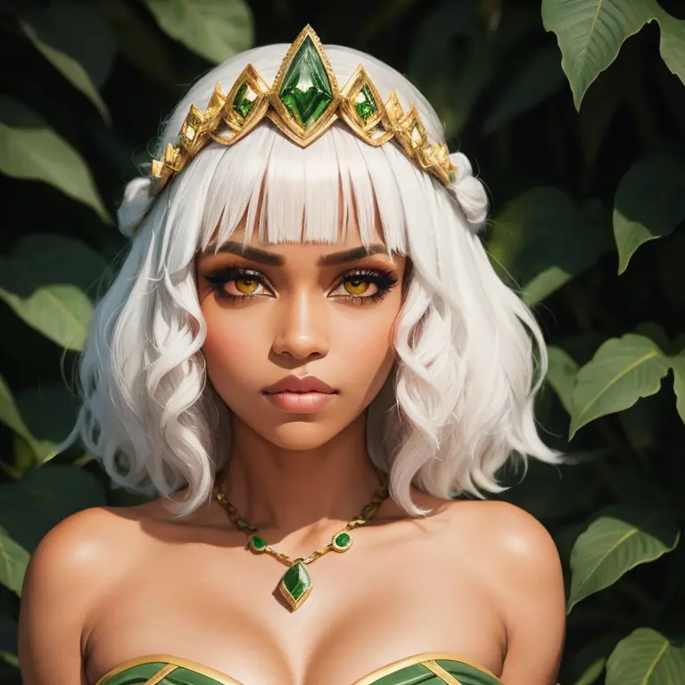 1girl, solo, medium hair, bangs, dark-skinned_female , dark skin, crown , white hair, jewelry, makeup, yellow eyes, symmetrical eyes, looking at viewer, perfect eyes, detailed face+eyes, nature background, parted lips, nail polish, ((full body portrait)), green dress ,<lora:qiyanaLeagueOf_v10:0.6>