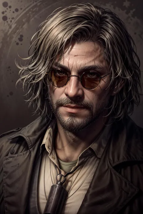(masterpiece, best quality) <lora:epi_noiseoffset2:1> <lora:add_detail:0.7> <lora:HeisenbergRE:0.8>
HeisenbergRE, solo, looking at viewer, 1boy, yellow eyes, upper body, grey hair, male focus, glasses, facial hair, scar, sunglasses, black background, portrait, beard, scar on face, round eyewear, mustache, scar across eye, monocle