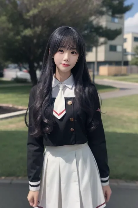 ultra-detailed,highly detailed,best quality,masterpiece,illustration,realistic,
daidouji tomoyo, 1girl, solo, cosplay, 
long hair, black hair,bangs, sidelocks,
tomoeda elementary school uniform, serafuku, long sleeves,buttons,neckerchief, pleated skirt,
outdoors, sky, day,shore, cloud, photo background, wind,skyline, 
standing,looking at viewer, 
 <lora:daidouji tomoyo_zx_v1_07:0.7>