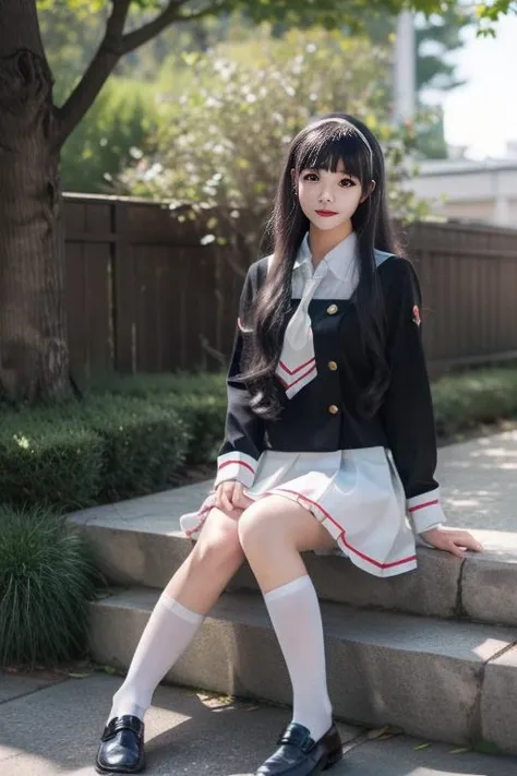 Hairstyle shortcuts,Realistic high school girl wearing a black sailor suit,soio,a park
