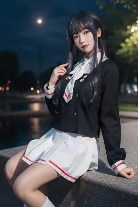 ultra-detailed,highly detailed,best quality,masterpiece,illustration,realistic,
daidouji tomoyo, 1girl, solo, cosplay, cowboy shot, 
short hair,braided bun, black hair,bangs, sidelocks,hairband, 
tomoeda elementary school uniform, serafuku, long sleeves,buttons,neckerchief, pleated skirt,
outdoors, camera, taking picture, night, star \(sky\), nature,full moon, 
sitting,looking at viewer,
 <lora:daidouji tomoyo_zx_v1_07:0.7>