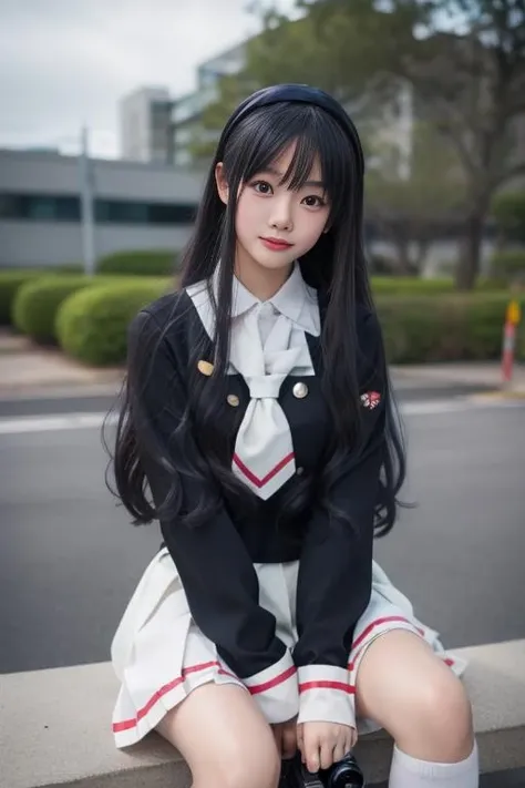ultra-detailed,highly detailed,best quality,masterpiece,illustration,realistic,
daidouji tomoyo, 1girl, solo, cosplay,
long hair, black hair,bangs, sidelocks,hairband,
tomoeda elementary school uniform, serafuku, long sleeves,buttons,neckerchief, pleated skirt,socks, loafers,
outdoors, camera, taking picture,
sitting,looking at viewer,
<lora:daidouji tomoyo_zx_v1_07:0.7>