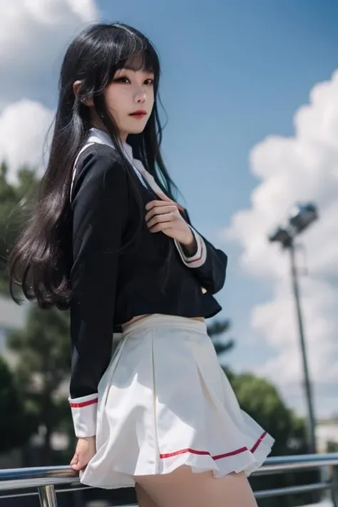 ultra-detailed,highly detailed,best quality,masterpiece,illustration,realistic,
daidouji tomoyo, 1girl, solo, cosplay,
long hair, black hair,bangs, sidelocks,
tomoeda elementary school uniform, serafuku, long sleeves,buttons,neckerchief, pleated skirt,
outdoors, sky, day,shore, cloud, photo background, wind,skyline,
standing,looking at viewer,
<lora:daidouji tomoyo_zx_v1_07:0.7>