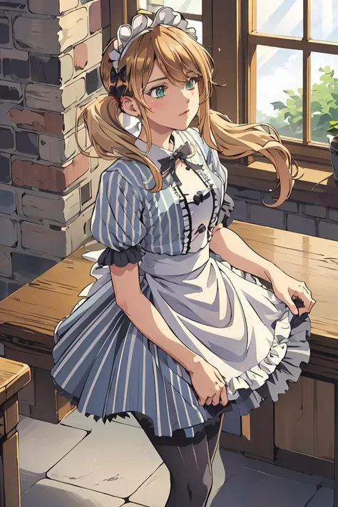 (masterpiece, best quality), 1girl,  <lora:tsukishima_riho_v1:1> 1girl, solo, blonde hair, low twintails, maid headdress, hair bow, green eyes, neck ribbon, frills, vertical stripes, blue dress, short sleeves, apron, black pantyhose