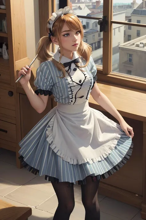 (masterpiece, best quality), 1girl,  <lora:tsukishima_riho_v1:1> 1girl, solo, blonde hair, low twintails, maid headdress, hair bow, green eyes, neck ribbon, frills, vertical stripes, blue dress, short sleeves, apron, black pantyhose