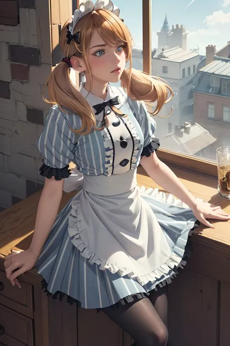 (masterpiece, best quality), 1girl,  <lora:tsukishima_riho_v1:1> 1girl, solo, blonde hair, low twintails, maid headdress, hair bow, green eyes, neck ribbon, frills, vertical stripes, blue dress, short sleeves, apron, black pantyhose