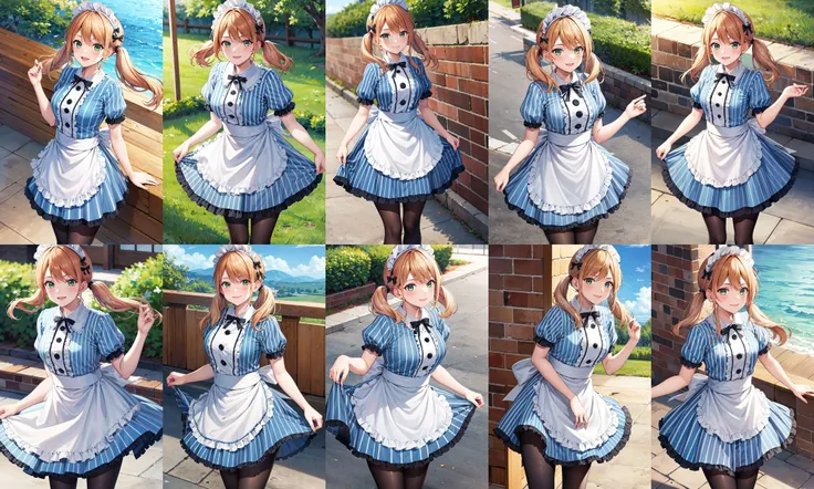 masterpiece, best quality, highres, 1girl, solo, blonde hair, low twintails, maid headdress, hair bow, green eyes, neck ribbon, frills, vertical stripes, blue dress, short sleeves, apron, black pantyhose, <lora:tsukishima_riho_v1:0.7>, standing, cowboy shot, outdoors, smile