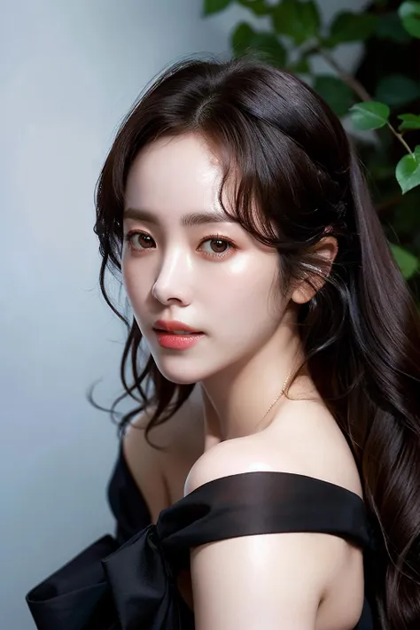 Best quality, masterpiece, ultra high res, (photorealistic:1.4), raw photo,1girl, solo, realistic, lips, looking at viewer, teeth, parted lips, nose, upper body, simple background, brown eyes, black dress, off shoulder, long wavy hair