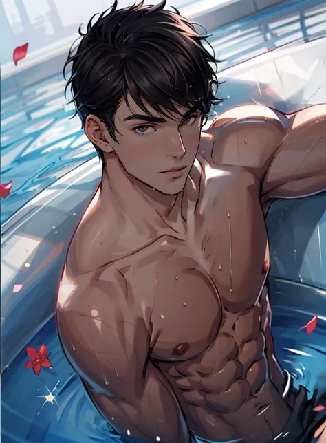 1 Men， 20-year-old Chinese man， pervert smirk， 独奏， white skinned， musculous， muscle men， highr， Big， big bicep， Abs， upper legs， Wide shoulders， Wide open chest， Facial hair， with short black hair， Wet body， Wet hair， of a shirtless， Sit and relax in the hot tub， white swim trunk， audience looking， A high resolution：1.2， best qualtiy， Upper body shooting， flat style， Blue sky and hot tub background， Low camera angle、Volumetriclighting、depth of fields、shadowing、humid environment