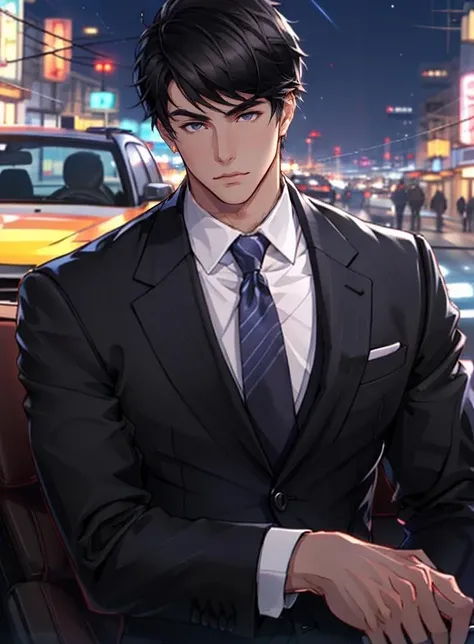 <lora:Victor_Love_And_Producer-10:0.7>, Victor (Love&Producer), solo, short hair, shirt, black hair, 1boy, closed mouth, jacket, white shirt, upper body, male focus, necktie, striped, vest, night, formal, suit, ground vehicle, lens flare, car, black suit, city lights, car interior