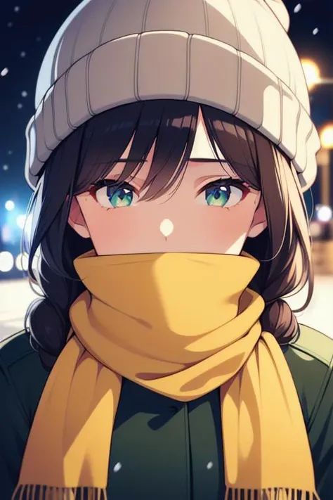 finnish girl,25 years old,(covered face),(covered mouth),(only eyes and nose visible:1.5),(yellow Scarf wrapped around neck and mouth:1.5),(8k, RAW photo, best quality, ultra high res, incredibly absurdres, photorealistic, ultra realistic, masterpiece, hyperdetailed, hdr+),(wide portrait),eyes_focus,(close-up:1.5),(perfect face, healthy skin, high skin detail,skin pores),breathtakingly beautiful woman,gradient winter colors background,braided bangs,very long hair,looking_at_viewer,eye-contact,front view,from_above,in winter,snowing,blurry background,braided ponytail,ponytail,night,street lamp,park,Volumetric Lighting,moody lighting,upper_body,portrait,visible breath,hat,(dark green beanie),dark green winter coat,high collar,bokeh,symmetric eyes,