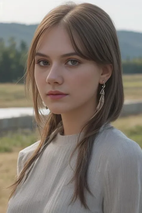 (a full body RAW photo:1.3) of (Emilia_Jones_V2-1340;1.1), (perfect skin, intricate, masterpiece, 8K, perfect light: 1.2), earrings, (perfect hairs), mountain, falls