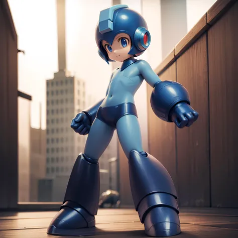 ((masterpiece, best quality)),(complex light), 1boy,solo, full body, megaman, <lora:Megaman1:0.6>,helmet,blue eyes,