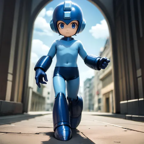 ((masterpiece, best quality)),(complex light), 1boy,solo, full body,  megaman,  <lora:Megaman1:0.6>,helmet,blue eyes, bodysuit, walking,
