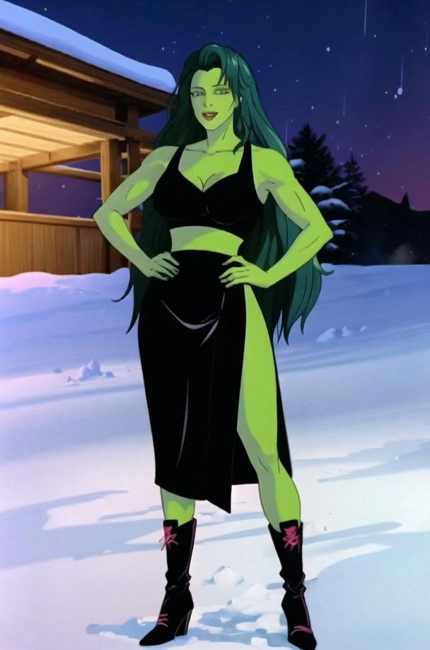 ((best quality)),((masterpiece)),((realistic)),((strikingly beautiful mature_female)),<lora:shehulk_v10:0.7>,shehulk_blacktop,shehulk_chr_face,green_skin,green_hair,long_hair,colored_skin,breasts,green_eyes,muscular,abs,cleavage,makeup,collarbone,lipstick,lips,midriff,black_tank_top,black_crop_top,cleavage,skirt,boots,navel,black_high_heels,looking at viewer, toned,curvy, narrow waist, solo,colorful,absurdres,ornate,(extremely detailed CG unity 8k wallpaper),scenery,aurora, night, onsen, outdoors,snow, snowflakes,steam, water, starry sky, lantern, ice, shooting star, (cinematic look),(on eye level), (scenic), (masterpiece),