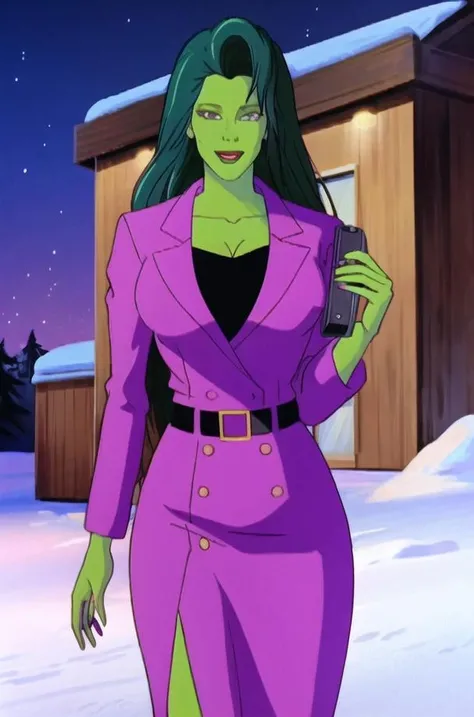 ((best quality)),((masterpiece)),((realistic)),((strikingly beautiful mature_female)),<lora:shehulk_v10:0.8>,shehulk_purplesuit,shehulk_chr_face,green_skin,green_hair,short_hair,colored_skin,breasts,green_eyes,muscular,abs,cleavage,makeup,collarbone,lipstick,lips,formal,suit,jacket,business_suit,purple_shirt,skirt,looking at viewer, toned,curvy, narrow waist, solo,colorful,absurdres,ornate,(extremely detailed CG unity 8k wallpaper),scenery,aurora, night, onsen, outdoors,snow, snowflakes,steam, water, starry sky, lantern, ice, shooting star, (cinematic look),(on eye level), (scenic), (masterpiece),