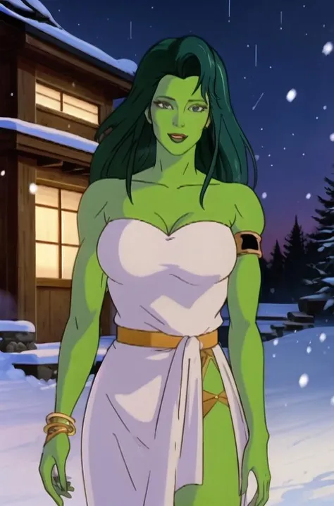((best quality)),((masterpiece)),((realistic)),((strikingly beautiful mature_female)),<lora:shehulk_v10:0.7>,shehulk_whitedress,shehulk_chr_face,green_skin,green_hair,short_hair,colored_skin,breasts,green_eyes,muscular,abs,cleavage,makeup,collarbone,lipstick,lips,waist jewelry belt,anklet,armband,armlet, jewelry, cleavage,revealing clothes,looking at viewer, toned,curvy, narrow waist, solo,colorful,absurdres,ornate,(extremely detailed CG unity 8k wallpaper),scenery,aurora, night, onsen, outdoors,snow, snowflakes,steam, water, starry sky, lantern, ice, shooting star, (cinematic look),(on eye level), (scenic), (masterpiece),