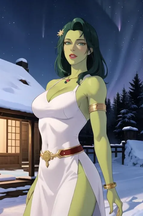 ((best quality)),((masterpiece)),((realistic)),((strikingly beautiful mature_female)),<lora:shehulk_v10:0.4>,shehulk_whitedress,shehulk_chr_face,green_skin,green_hair,short_hair,colored_skin,breasts,green_eyes,muscular,abs,cleavage,makeup,collarbone,lipstick,lips,waist jewelry belt,anklet,armband,armlet, jewelry, cleavage,revealing clothes,looking at viewer, toned,curvy, narrow waist, solo,colorful,absurdres,ornate,(extremely detailed CG unity 8k wallpaper),scenery,aurora, night, onsen, outdoors,snow, snowflakes,steam, water, starry sky, lantern, ice, shooting star, (cinematic look),(on eye level), (scenic), (masterpiece),