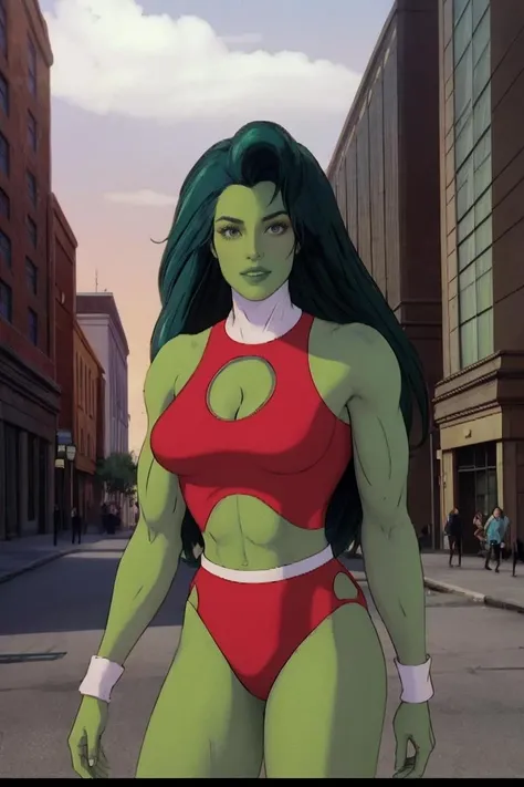 straight-on,pose,looking at viewer,solo, BREAK, CARTOON_shehulk90s_redtop_ownwaifu, www.ownwaifu.com, very long hair, long hair,(green skin:1.2),colored skin,breasts,green hair,muscular, large breasts, makeup,lips,big hair,muscular female,abs,collarbone,lipstick,eyeshadow,navel,green eyes, abs, tall female, crop top, cleavage cutout, midriff, red leotard, leotard, cleavage, tank top, <lora:CARTOON_shehulk90s_ownwaifu-15:1>, official art,extremely detailed CG unity 8k wallpaper, perfect lighting,Colorful, Bright_Front_face_Lighting,shiny skin, (masterpiece:1.0),(best_quality:1.0), ultra high res,4K,ultra-detailed, photography, 8K, HDR, highres, (absurdres:1.2), Kodak portra 400, film grain, blurry background, (bokeh:1.2), lens flare, (vibrant_color:1.2),professional photograph, (beautiful_face:1.5),