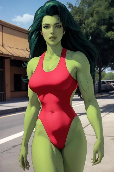 straight-on,pose,looking at viewer,solo, BREAK, CARTOON_shehulk90s_redswimsuit_ownwaifu, www.ownwaifu.com, very long hair, long hair,(green skin:1.2),colored skin,breasts,green hair,muscular, large breasts, makeup,lips,big hair,muscular female,abs,collarbone,lipstick,eyeshadow,navel,green eyes, tall female, red bodysuit, red leotard, cleavage, skin tight, highleg, highleg leotard, <lora:CARTOON_shehulk90s_ownwaifu-15:0.8>, official art,extremely detailed CG unity 8k wallpaper, perfect lighting,Colorful, Bright_Front_face_Lighting,shiny skin, (masterpiece:1.0),(best_quality:1.0), ultra high res,4K,ultra-detailed, photography, 8K, HDR, highres, (absurdres:1.2), Kodak portra 400, film grain, blurry background, (bokeh:1.2), lens flare, (vibrant_color:1.2),professional photograph, (beautiful_face:1.5),