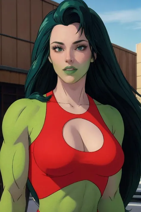 she hulk with large breast on the front beautiful naked on beach brown hair curvy body