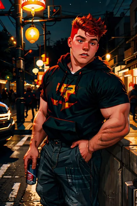 Wholesome Candid photo of a 20yo redneck bully dg_Dale boy, short dark red hair, photorealistic, hyperdetailed, <lora:dg_Dale_v1:0.8>, solo, streets, scared face, outdoors, nighttime, wearing a hoodie, pants, shirt, sharp focus, flashphoto, <lora:flashphoto:1>